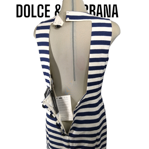 *New*DOLCE & GABBANA Striped Blue & White Open Black Flare Dress Italian Size 44 - Picture 3 of 17